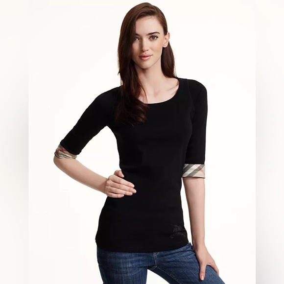 Burberry Scoop Neck Three Quarter Length Sleeve Tee with Checked Cuffs Medium - Picture 2 of 12